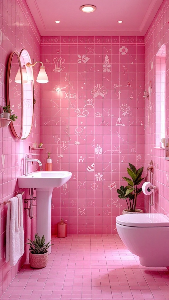 A pink tiled bathroom featuring floral designs, a round mirror, and potted plants