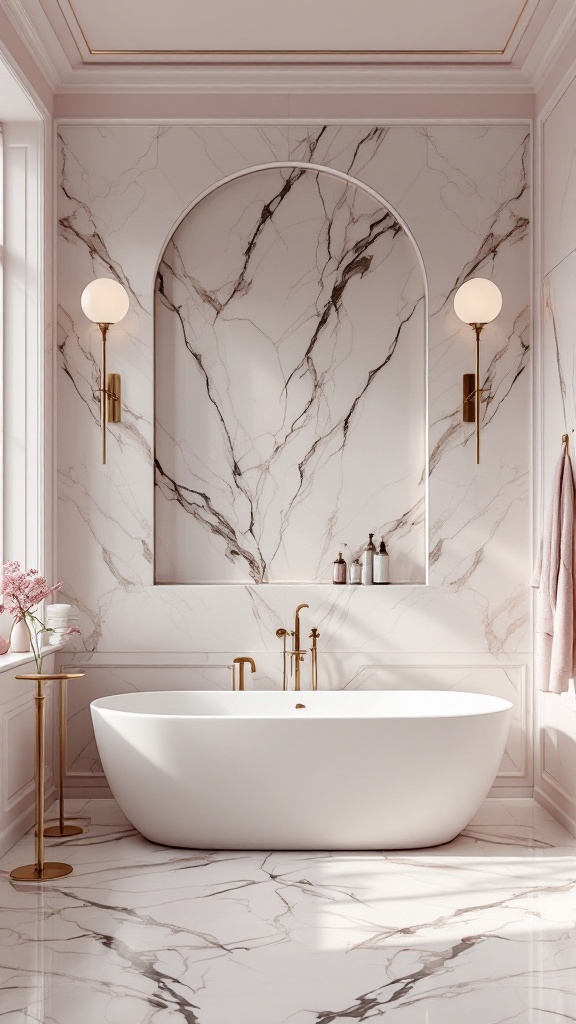 Elegant bathroom featuring marble and pink tile combinations, with a white bathtub and gold fixtures