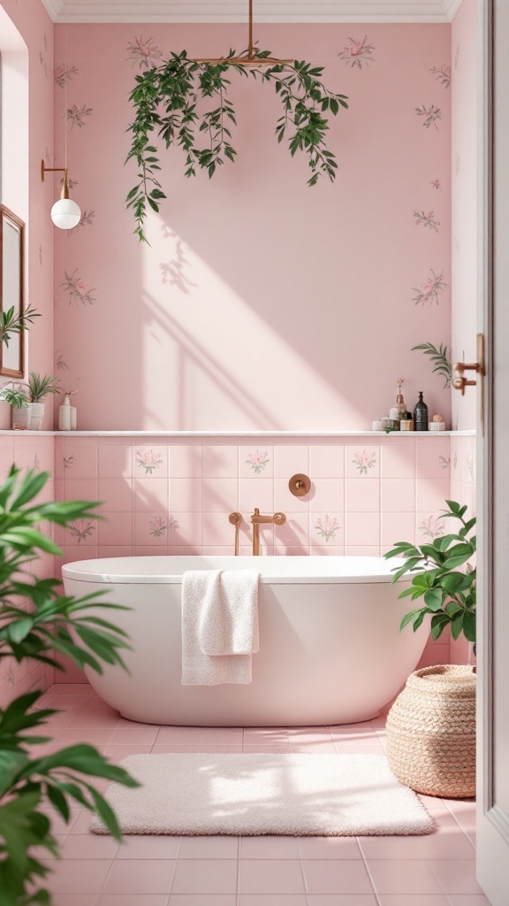 A feminine bathroom design featuring floral pink tiles, a white bathtub, and greenery.