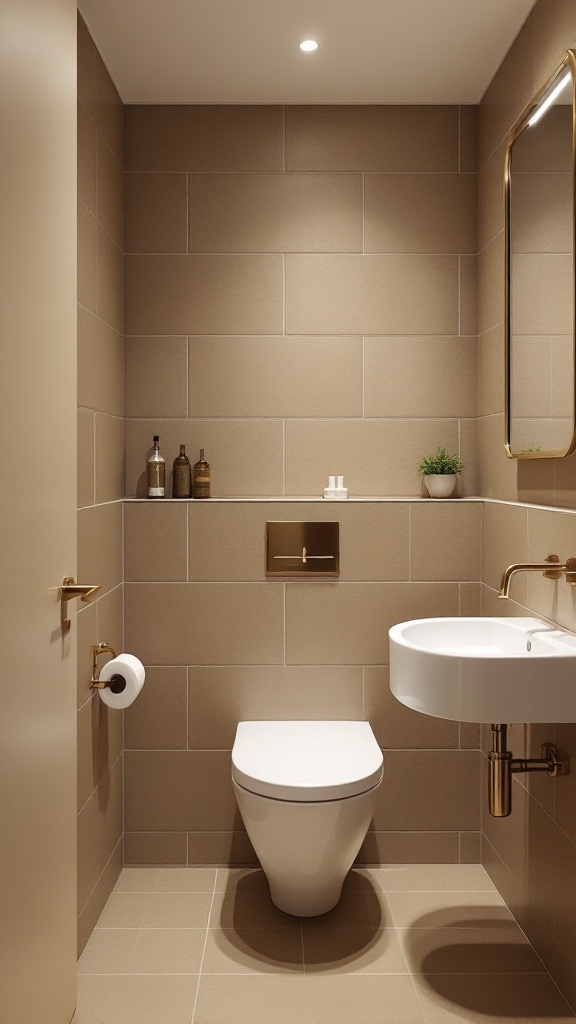 Tan tiled bathroom with modern fixtures and minimal decor