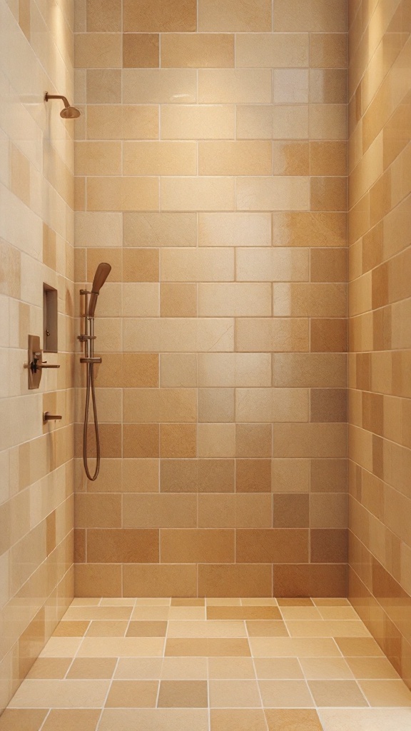 Tan tiled bathroom with layered shades and bronze fixtures