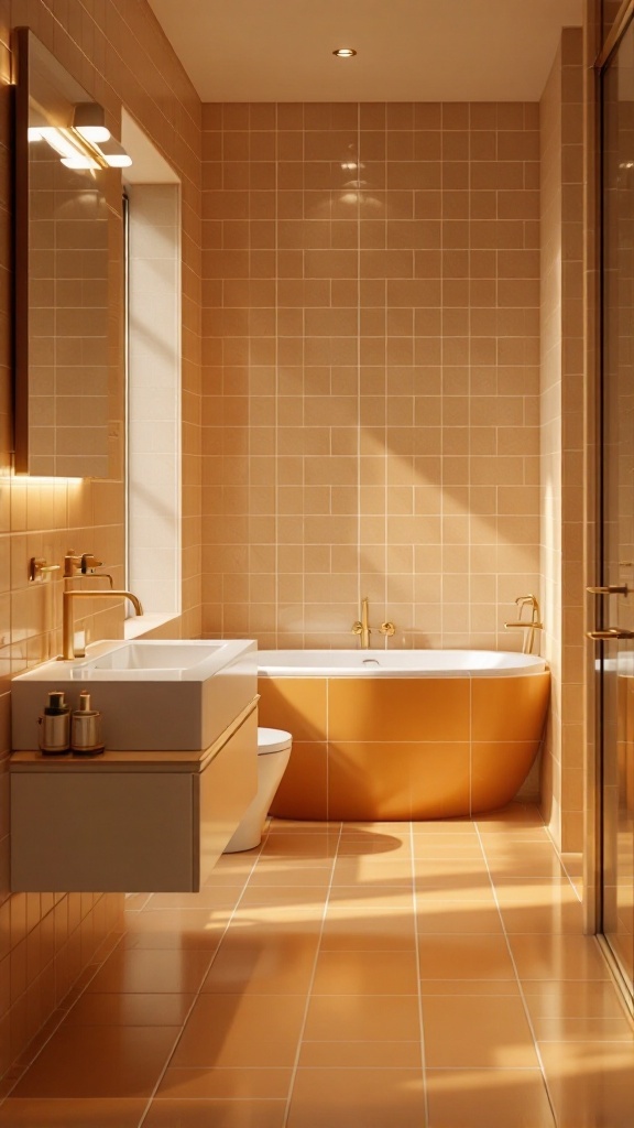 A modern bathroom featuring tan tiles, showcasing natural light and warm lighting