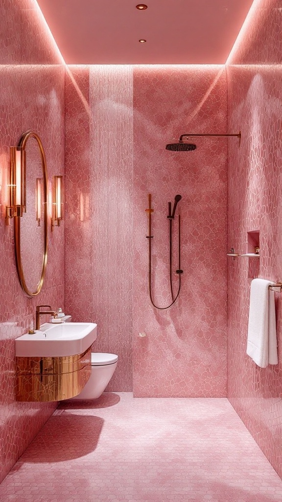 Luxurious pink mosaic tile bathroom with gold accents and soft lighting