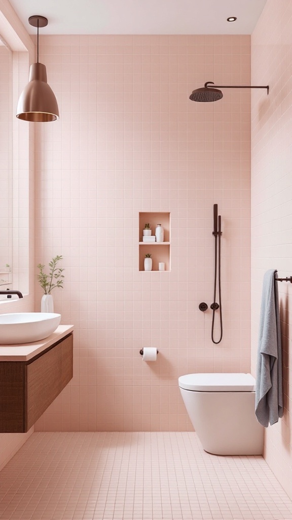 A minimalist pink tile bathroom featuring a floating vanity, small plant, and sleek fixtures.