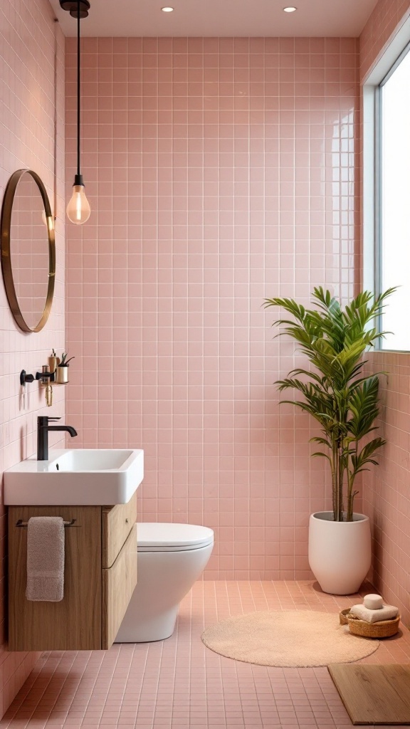 A modern bathroom featuring pink tiles, wooden elements, and a potted plant.