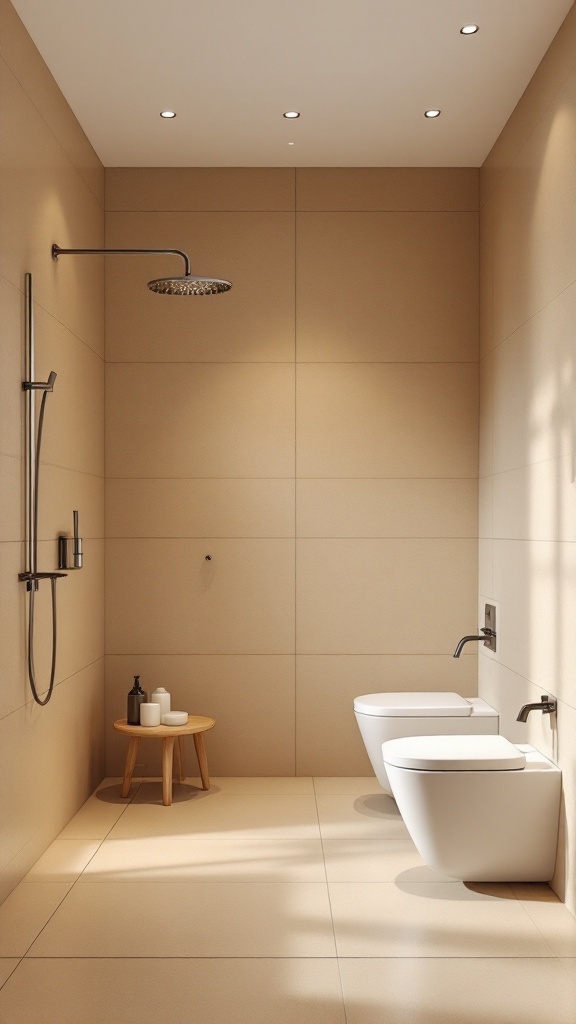 A modern bathroom featuring tan tiles on walls and floor, with sleek fixtures and a wooden stool.