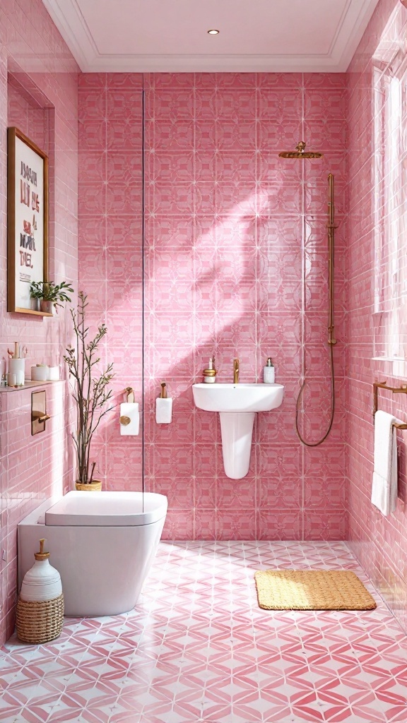 A stylish pink tile bathroom featuring geometric patterns on the walls and floor, with gold fixtures and natural lighting.