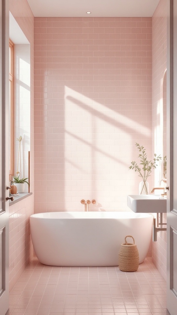 A tranquil bathroom with soft blush pink tiles, a freestanding white tub, and natural light.