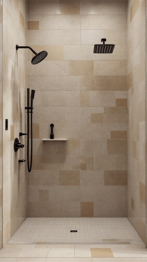 A modern shower featuring tan tiles with a mix of light and dark shades, accented by black fixtures.