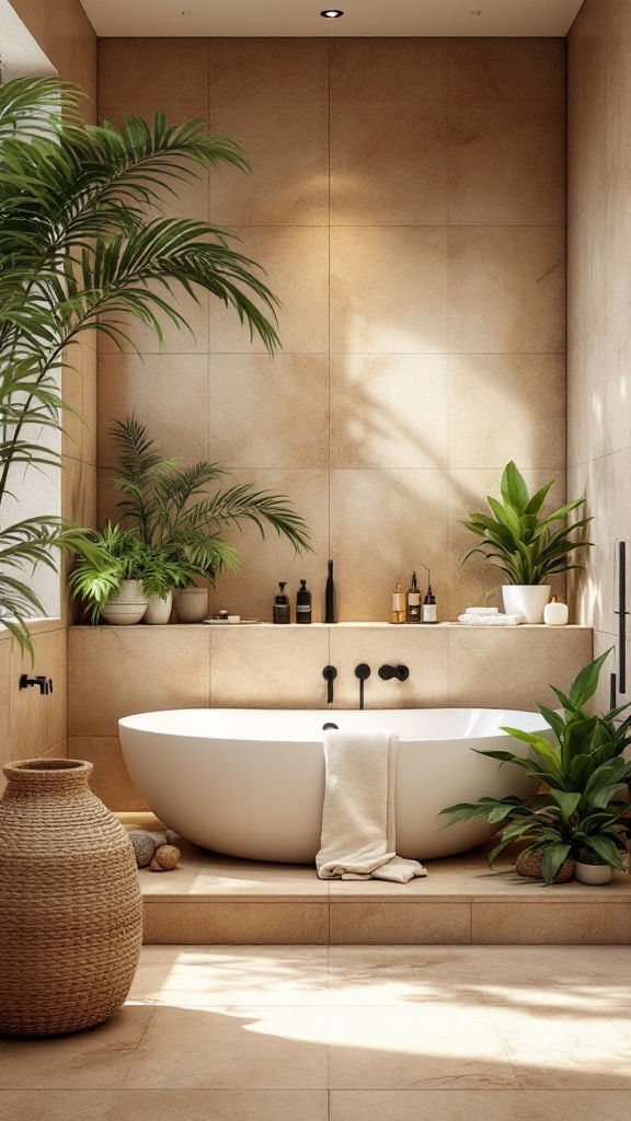 A stylish bathroom featuring tan tiles, a modern white bathtub, and natural stone elements, complemented by indoor plants.
