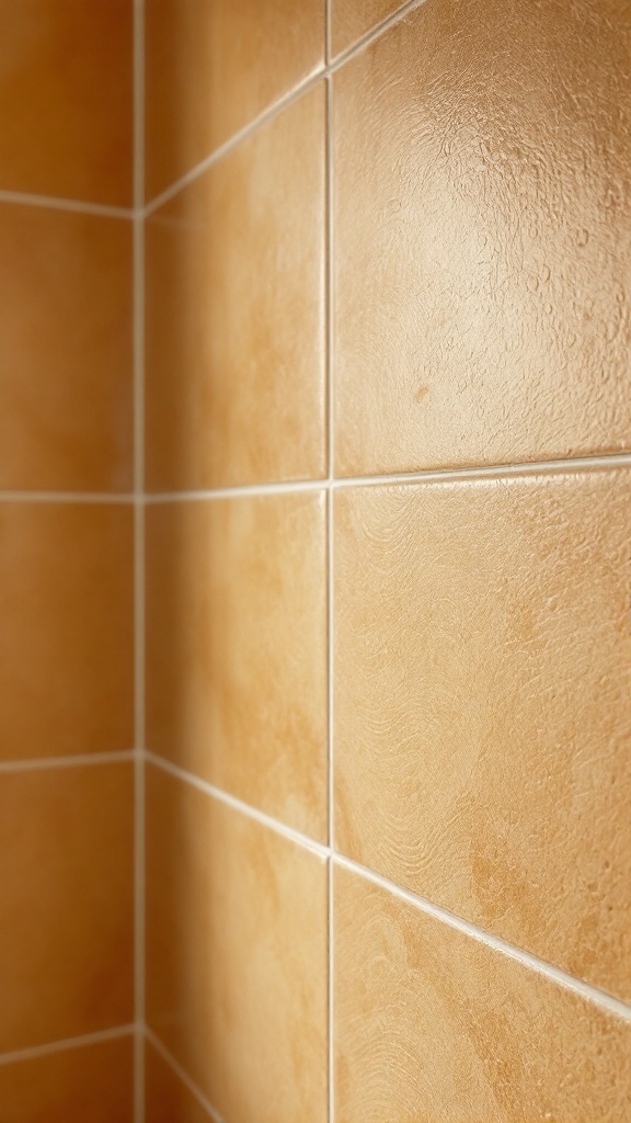 Close-up of textured tan tiles in a bathroom