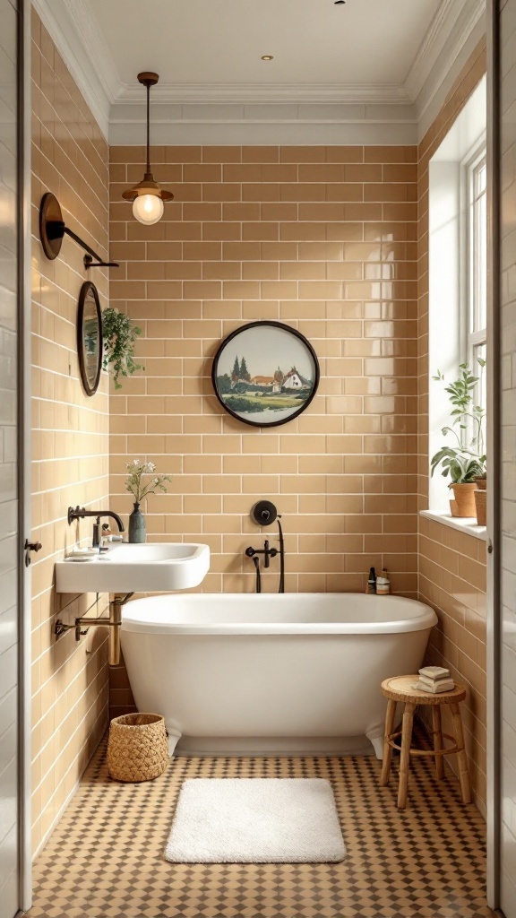 A vintage-style bathroom featuring tan subway tiles, a freestanding bathtub, and decorative elements.