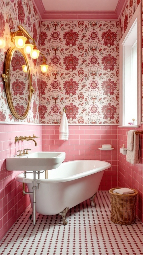 A vintage pink tile bathroom featuring floral wallpaper, a clawfoot bathtub, and gold fixtures.