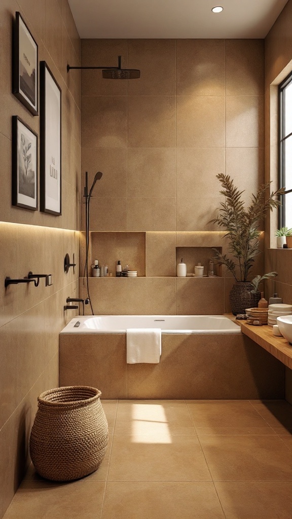 A modern bathroom with tan tiles, featuring a bathtub, wooden accents, and natural light.