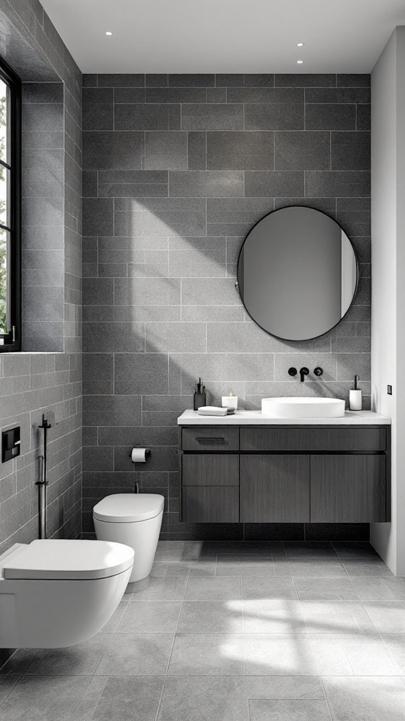 Modern bathroom featuring an accent wall with gray tiles, round mirror, and stylish fixtures.