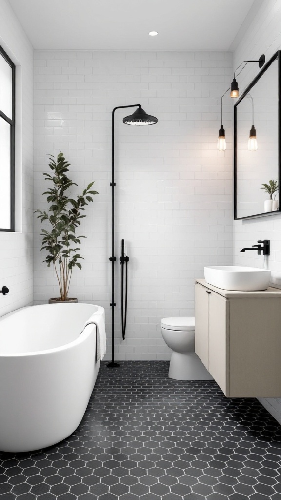 A contemporary bathroom featuring dark gray hexagon tiles on the floor, a white bathtub, and modern fixtures.