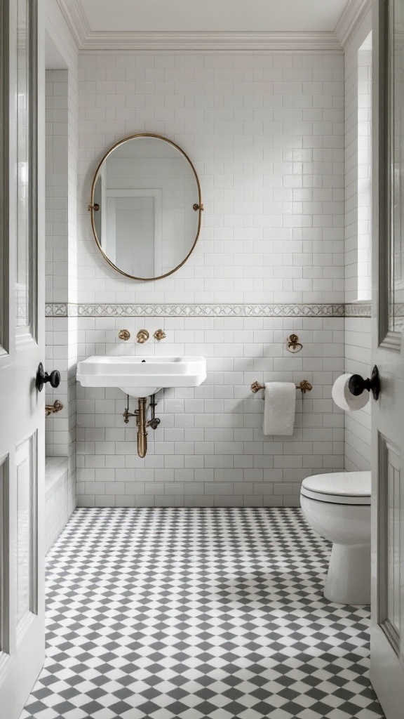 A bathroom featuring a gray and white checkerboard tile floor, white subway tile walls, and gold accents.