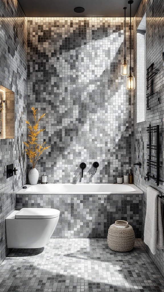 Modern bathroom featuring gray mosaic tiles on the walls and floor