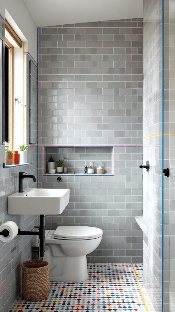A stylish bathroom featuring gray subway tiles with colorful grout, and colorful patterned flooring.
