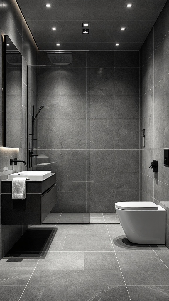 Modern bathroom featuring larger format gray tiles on the floor and walls, with a sleek design.