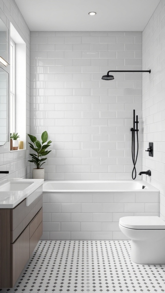 A modern bathroom featuring light gray subway tiles on the walls, a white bathtub, and a stylish black shower fixture