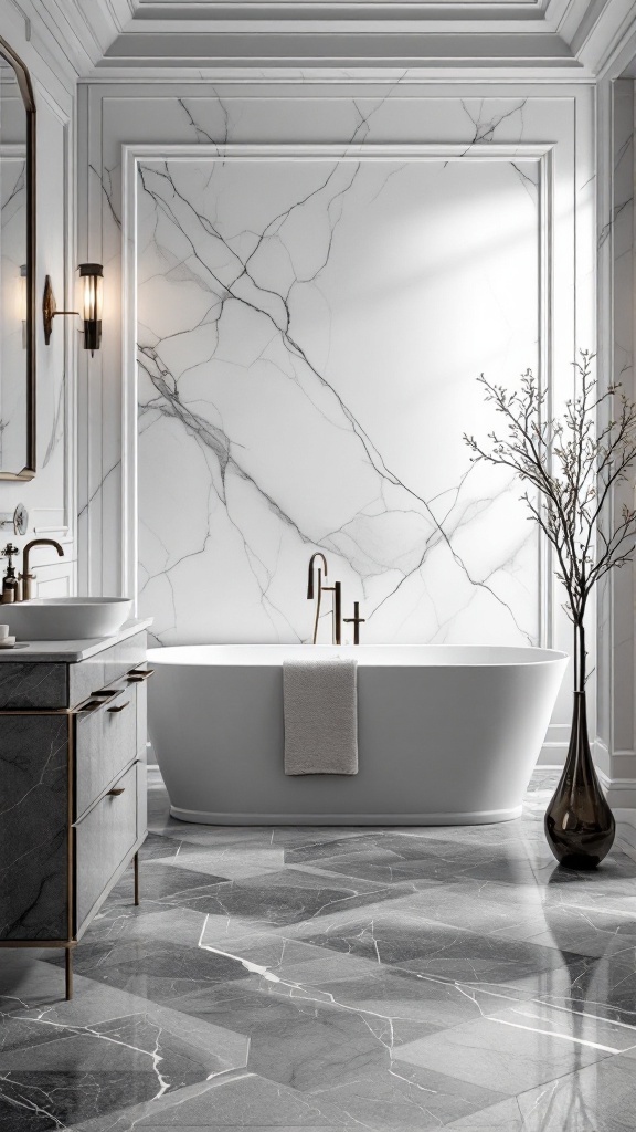 Luxurious bathroom featuring marble effect gray tiles, freestanding tub, and modern fixtures.