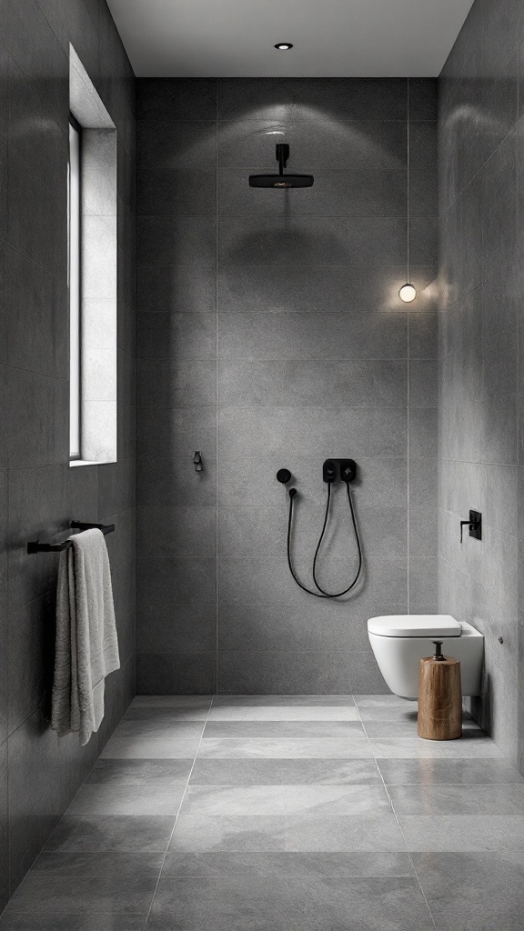 A modern bathroom featuring matte gray tiles on the walls and floor, with black fixtures and a wooden stool.