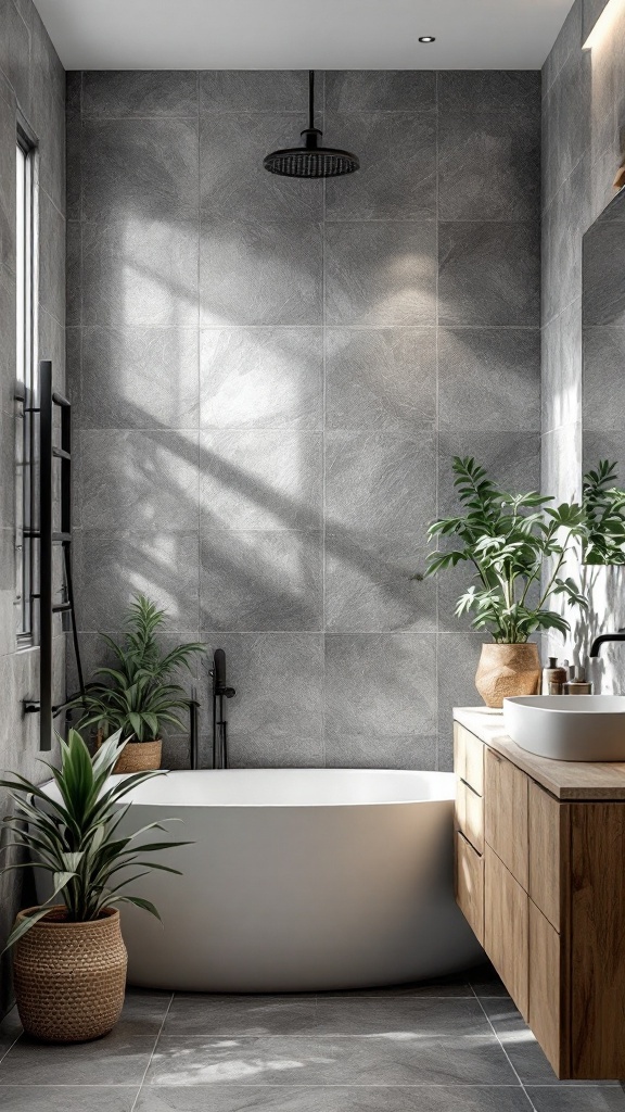 A modern bathroom featuring textured gray tiles, a white bathtub, a wooden vanity, and green plants.