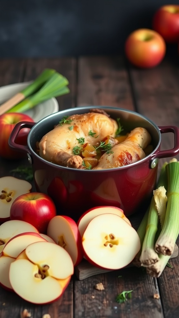 A pot of Apple and Celery Root Chicken Chasseur with sliced apples and celery root on a wooden table.