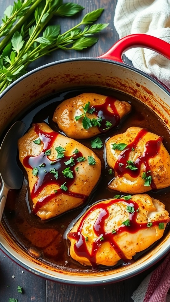 A pot of balsamic glazed chicken chasseur with fresh parsley on top.
