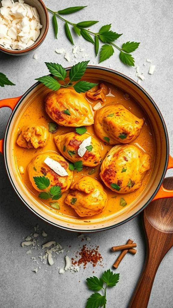 Coconut Curry Chicken Chasseur in a pot with garnishes and spices.