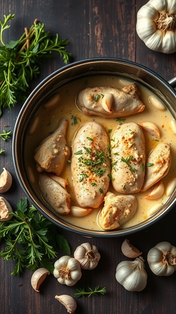 A pot of creamy garlic chicken chasseur with garlic cloves and fresh herbs around it.