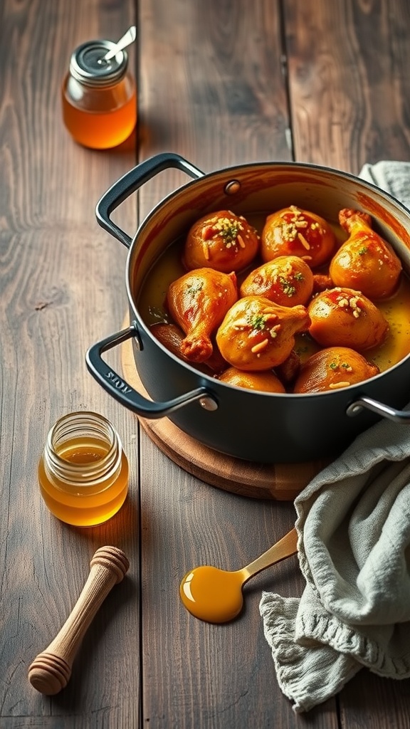A pot of honey mustard chicken chasseur with chicken pieces simmering in a rich sauce, accompanied by a jar of honey on a wooden table.