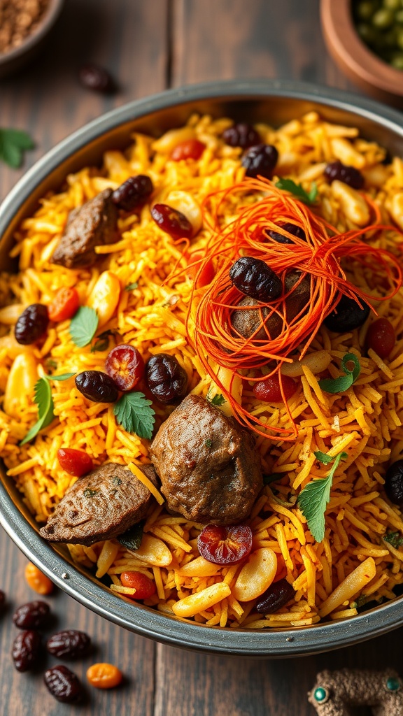 A vibrant Kashmiri lamb biryani featuring saffron and dried fruits, served in a bowl with a wooden background.
