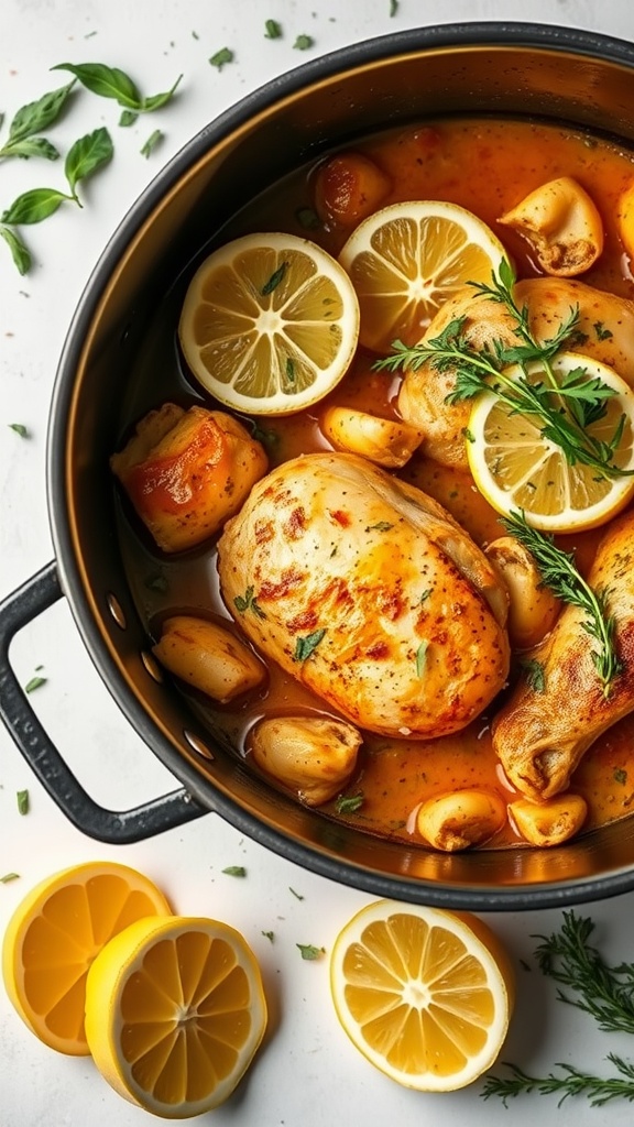 A pot of Lemon Herb Chicken Chasseur with chicken, lemon slices, and herbs.