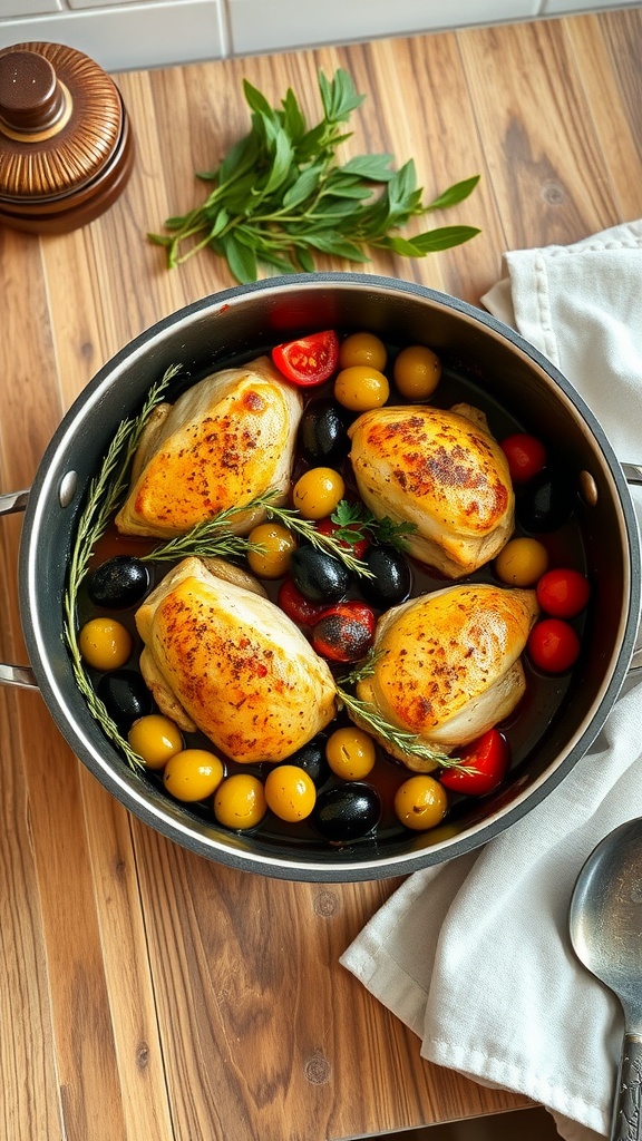 A pot of Mediterranean Chicken Chasseur featuring chicken, olives, and tomatoes.