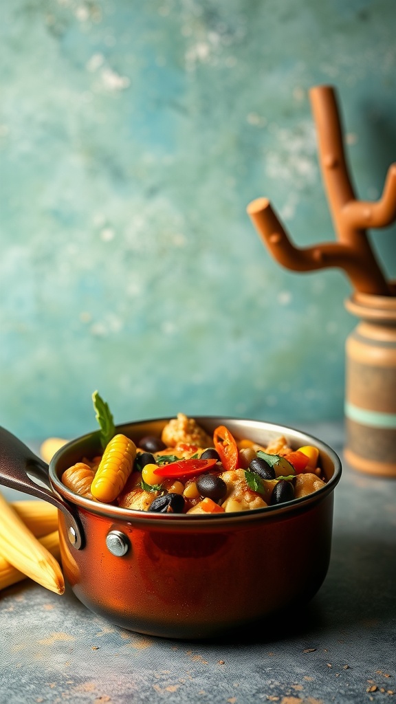 A pot of Southwest Chicken Chasseur with corn, colorful vegetables, and garnished with herbs.