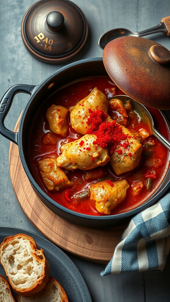 A pot of Spicy Paprika Chicken Chasseur with chunks of chicken in a rich red sauce, topped with paprika, beside slices of bread.