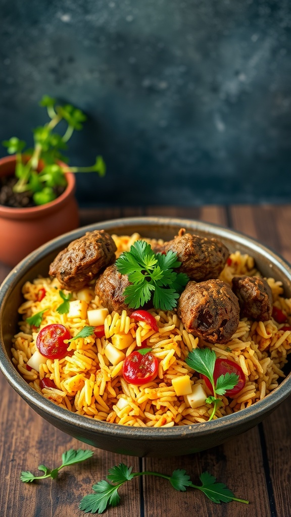 Bowl of spicy South Indian lamb biryani with coconut, garnished with cherry tomatoes and cilantro.