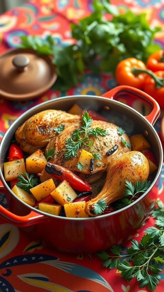 A pot of Chicken Chasseur with vegetables, featuring chicken pieces and colorful veggies.
