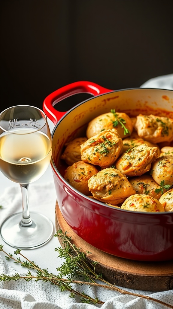 A red pot filled with Chicken Chasseur and a glass of white wine on the side.