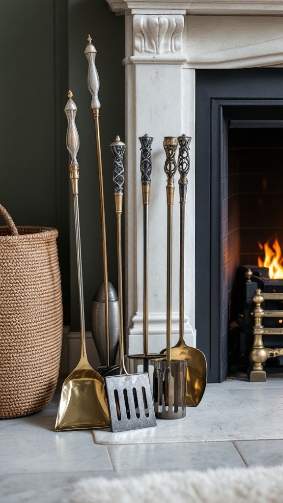 A set of stylish fireplace tools including a poker, shovel, and tongs next to a woven firewood basket, with a glowing fire in the background.