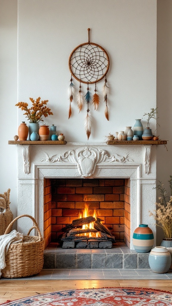 A cozy boho fireplace with a dreamcatcher, colorful pottery, and a warm fire.