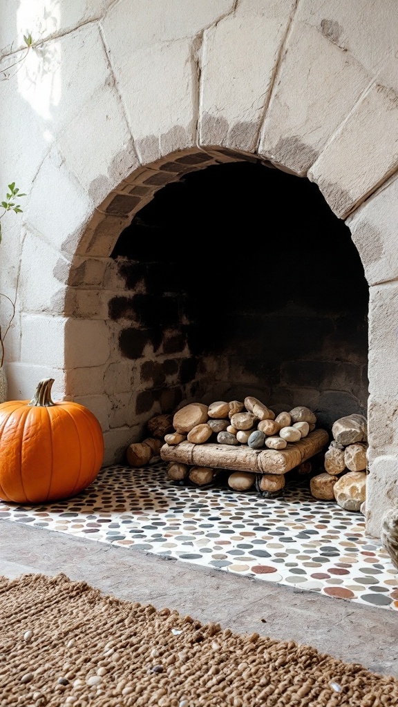 Bohemian-style fireplace with a stone hearth, decorated with a pumpkin and patterned tiles.