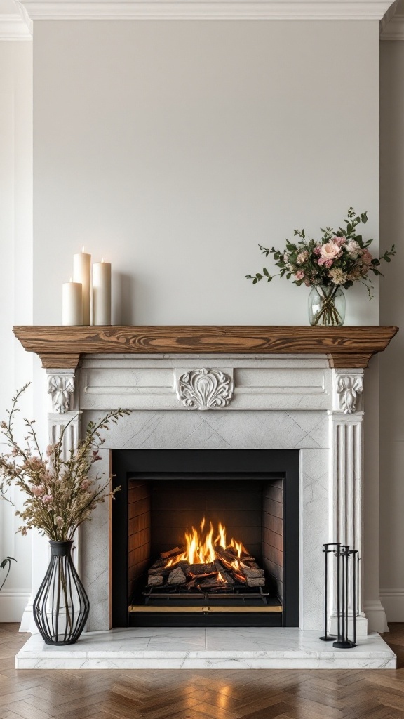 A stylish wood-burning fireplace with a wooden mantel, decorative candles, and flowers.