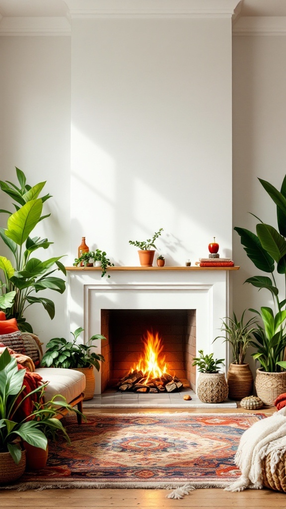 Cozy boho living room featuring a fireplace, plants, and colorful decor.