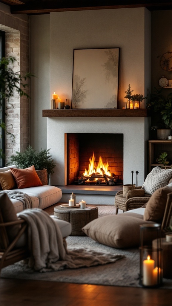 Cozy seating area with a wood burning fireplace, soft furniture, candles, and greenery.