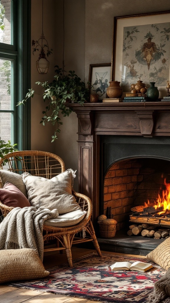 Cozy reading nook by a fireplace with a rattan chair, pillows, blanket, and a warm fire