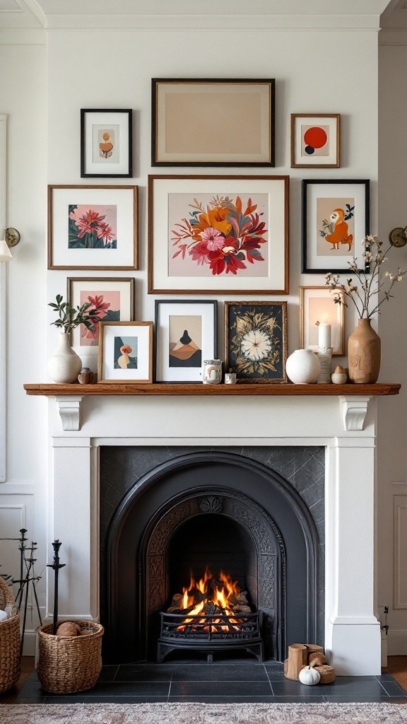 A stylish fireplace with a decorative arrangement of framed art above it, showcasing floral designs and abstract pieces, complemented by vases and candles on the mantel.