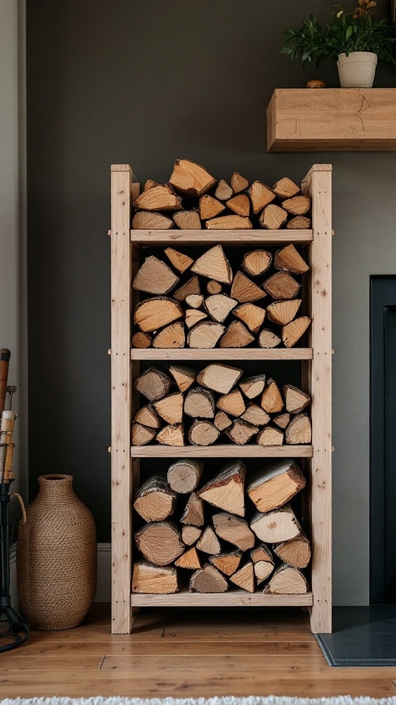 A wooden firewood rack filled with neatly stacked logs beside a fireplace.